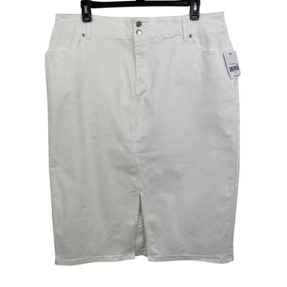 Ophelia Roe White Denim Midi Skirt 2X Plus Size Straight Pencil Jean Stretch - Picture 1 of 11